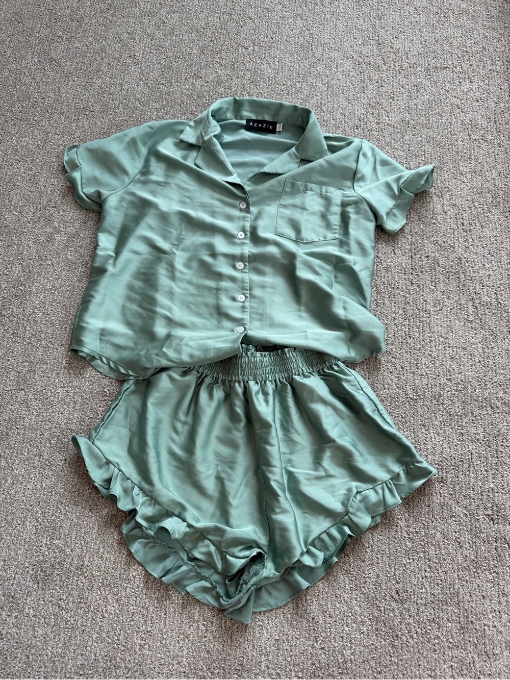 Azazie Matcha Green Satin Short Sleeve Pajama Set with Ruffle Shorts